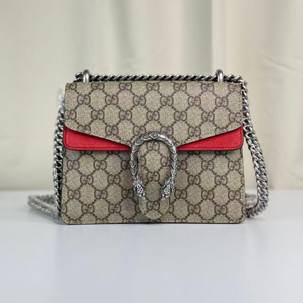 Gucci GG Logo Supreme Small Dionysus Shoulder Bag Crossbody with Red Interior